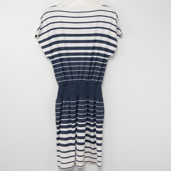 White House Black Market Short Sleeve Smocked Dress Stripe Blue White Size Small - Picture 2 of 5